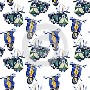 Watercolor scooter seamless pattern, hand painted vintage illustration