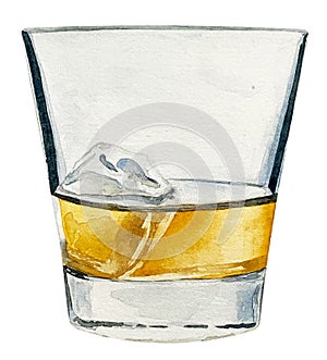 Watercolor scotch whisky glass with alcohol and ice cube isolated on white