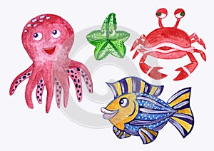 Watercolor sea animals cartoon set, crab, starfish, shell, octopus.