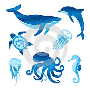 Watercolor sea animals set. Vector marine illustration of whale, dolphin, octopus