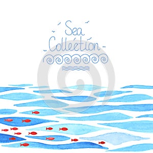 Watercolor sea background with red fish