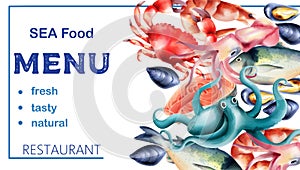 Watercolor sea food menu with fresh fish and mollusc