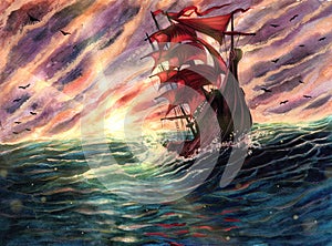 Watercolor sea landscape painting with ship with scarlet sails, nature landscape with sunlight flares on water, vessel in ocean