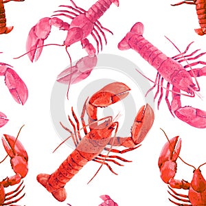 Watercolor sea life lobster vector pattern