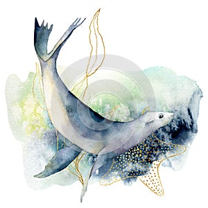 Watercolor sea lion and seaweed composition. Hand painted underwater illustration isolated on white background. Aquatic