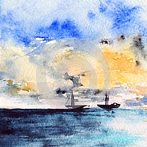 Watercolor sea ocean boat ship sunset bright landscape