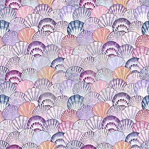 Watercolor sea shell seamless pattern. Hand drawn seashells texture vintage ocean background