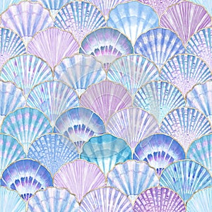 Watercolor sea shell seamless pattern. Hand drawn seashells texture vintage ocean background