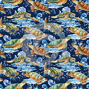 Watercolor Sea turtles and waves, splashes , nature background, seamless pattern