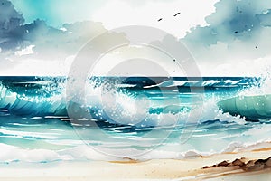 Watercolor sea with waves and beach background. Generative ai