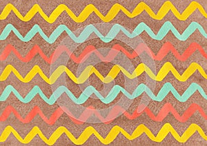 Watercolor seafoam, salmon and yellow hand painted stripes on brown background, chevron photo
