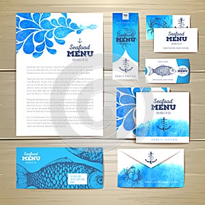 Watercolor Seafood menu design. Corporate identity.