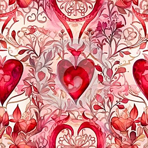 Watercolor seamles pattern with hearts and flowers. Whimsical romantic background for textile fabric. Generative AI