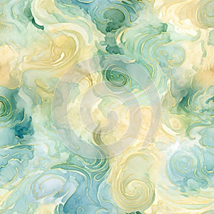 Watercolor seamless background, brocade swirls, muted colors, greens, blues and golds