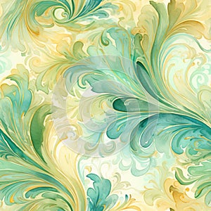 Watercolor seamless background, brocade swirls, muted colors, greens, blues and golds