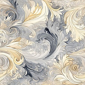 Watercolor seamless background, brocade swirls, muted colors, greys and golds