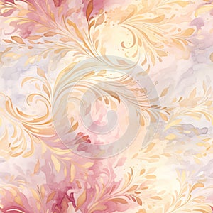 Watercolor seamless background, brocade swirls, muted colors, pinks and golds