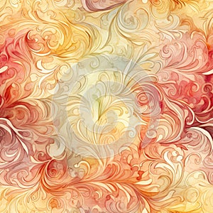 Watercolor seamless background, brocade swirls, muted colors, reds and golds