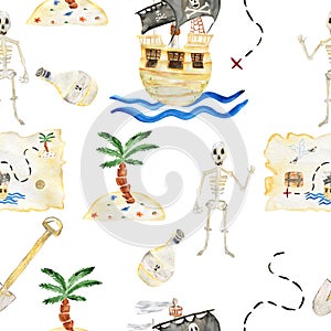 Watercolor seamless background illustration of a pirate set with ship, palm tree, bottle of rum, skeleton, treasure map