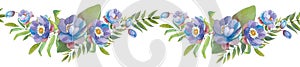 Watercolor seamless banner of  violet, blue flowers, twigs, leaves.