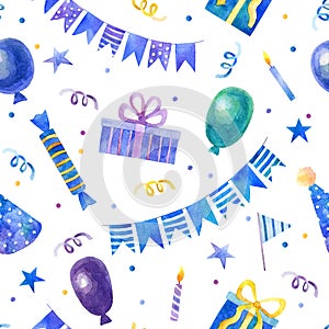 Watercolor seamless blue birthday pattern with balloons, gifts, garlands, hats and confetti
