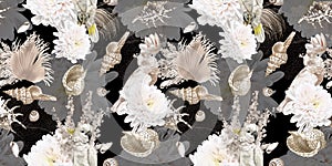 watercolor seamless boho pattern. parrots, flowers and shells. beige pattern