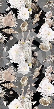 watercolor seamless boho pattern. parrots, flowers and shells. beige pattern