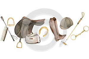 Watercolor seamless border, banner with illustration of a horseshoes, stirrups, saddle, bag, brush, helmet, snaffles