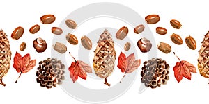 Watercolor seamless border with bright multicolored autumn leaves and maple winglets, chestnut fruits, oak acorns and pine cones