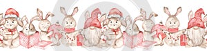 Watercolor seamless border with Christmas bunnies, gifts on a white background