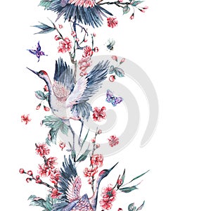 Watercolor seamless border with crane, blooming branches