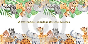 Watercolor seamless border with cute cartoon animals of Africa.