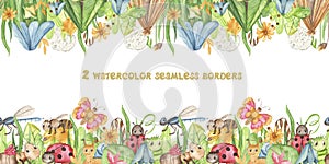 Watercolor seamless border with cute cartoon insects and meadow flowers. Texture with butterflies, ants, caterpillars for wallpape