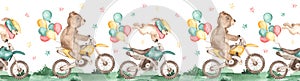 Watercolor seamless border with dirt bikes, bear, rabbit, balloons, stars, races