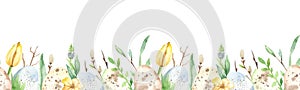 Watercolor seamless border with easter eggs, grass, leaves, flowers for textures, quail eggs, easter print