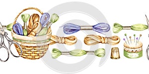 watercolor seamless border of embroidery theme, hand drawn sketch of handiwork, needlework basket, pastel colors flosses