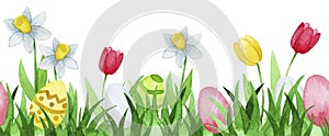 watercolor seamless border, frame for easter. green grass with easter eggs and flowers