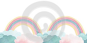 Watercolor seamless border or frame with illustration of cute cartoon rainbow and clouds. For decorating children's