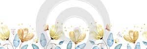 Watercolor seamless border with golden flower buds, large abstract flowers and leaves on a white background