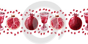 Watercolor seamless border Juicy ripe pomegranates