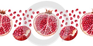 Watercolor seamless border Juicy ripe pomegranates