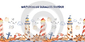 Watercolor seamless border kids cartoon cute lighthouse, boat, anchor.