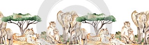 Watercolor seamless border mom and baby with Elephant, monkeys, leopards in savanna