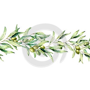 Watercolor seamless border with olive tree branch, green olive and leaves. Hand painted floral illustration isolated on