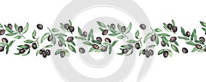 Watercolor seamless border with olives, olive branches, oil, black olives 2