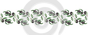 Watercolor seamless border with olives, olive branches, oil, black olives 3