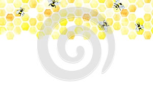 Watercolor seamless border, pattern with honeycomb and cute bees. hand drawing, yellow honeycomb, print on the theme of farming, o