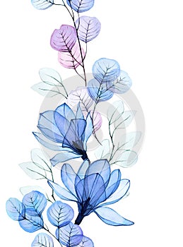 Watercolor seamless border, pattern with transparent flowers. magnolia flowers and eucalyptus leaves of pink and blue flowers. vin