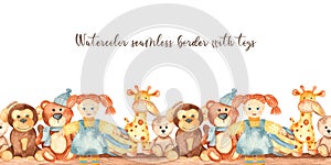 Watercolor seamless border with plush toys
