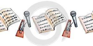 Watercolor seamless border with retro musical instruments